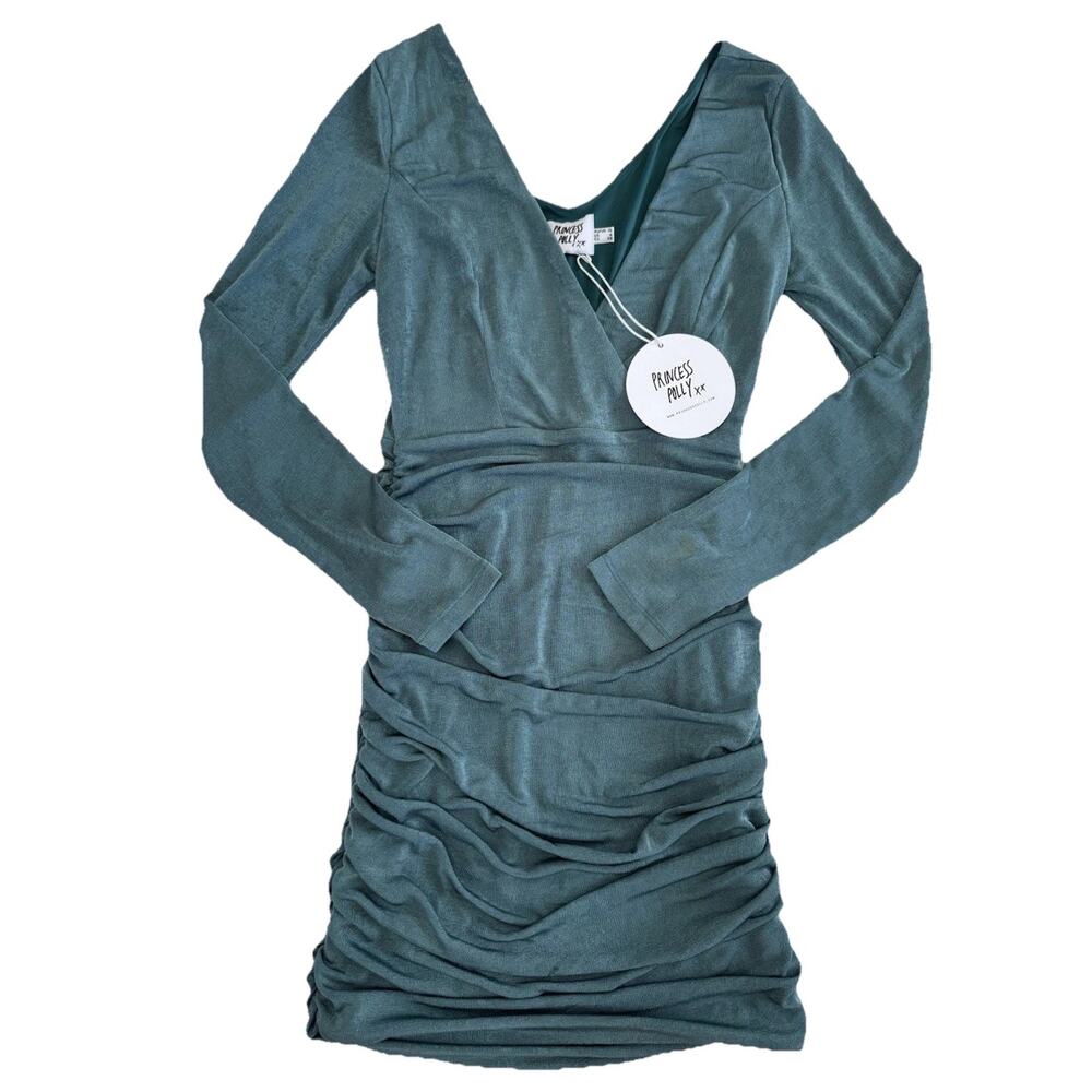 Princess Polly Nico Blue Ruched Knit Mini Dress Long Sleeve V-Neck Size 6